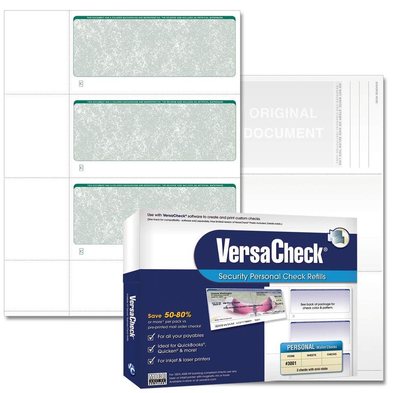 VersaCheck Secure Checks - 750 Blank Business or Personal Wallet Checks - Green Classic - 250 Sheets Form #3001-3 Per Sheet - Image 1